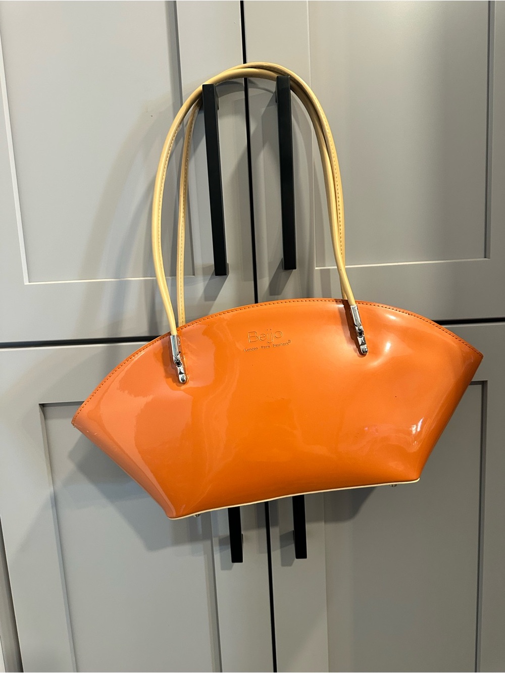 Beijo Orange Patent Shoulder Tote with Cream Handles